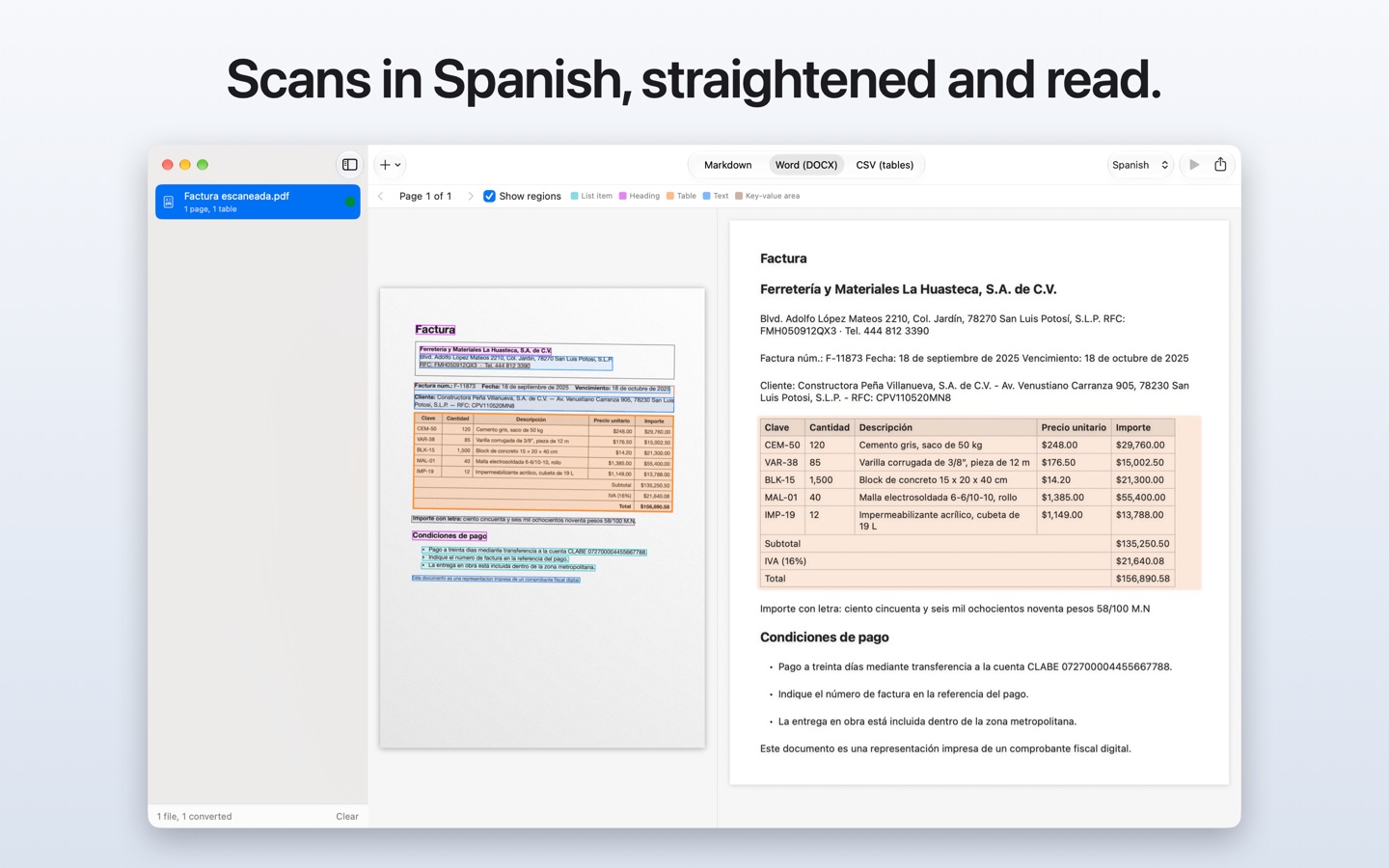 Scans in Spanish, straightened and read: a tilted scanned invoice next to the Word output.