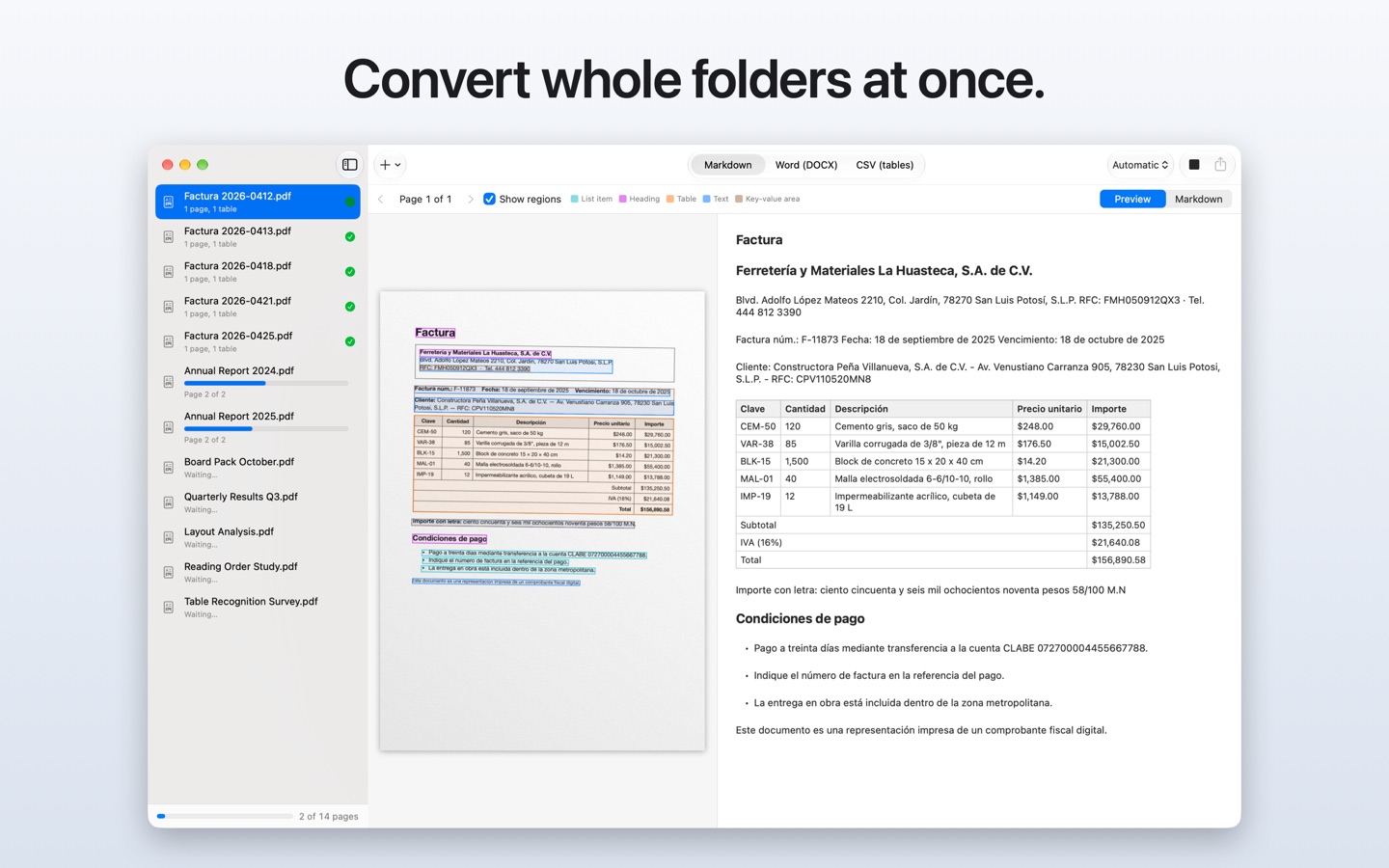 Convert whole folders at once: a folder of reports and invoices converting, some done and two in progress.