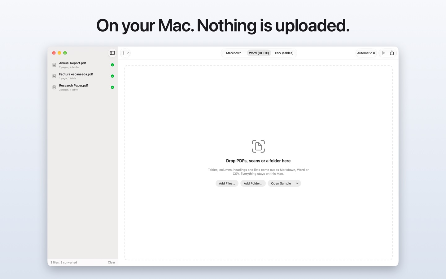On your Mac. Nothing is uploaded: three converted documents and the note that everything stays on this Mac.