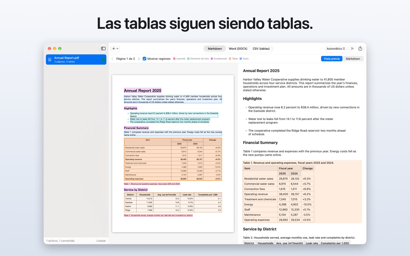 Las tablas siguen siendo tablas: una página de un informe anual junto a su tabla convertida, con el encabezado combinado intacto.