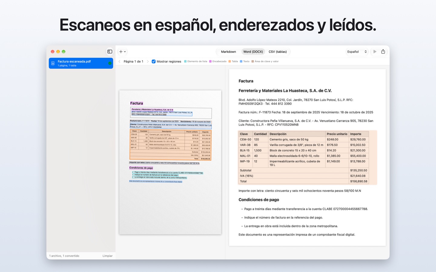 Escaneos en español, enderezados y leídos: una factura escaneada e inclinada junto al resultado en Word.