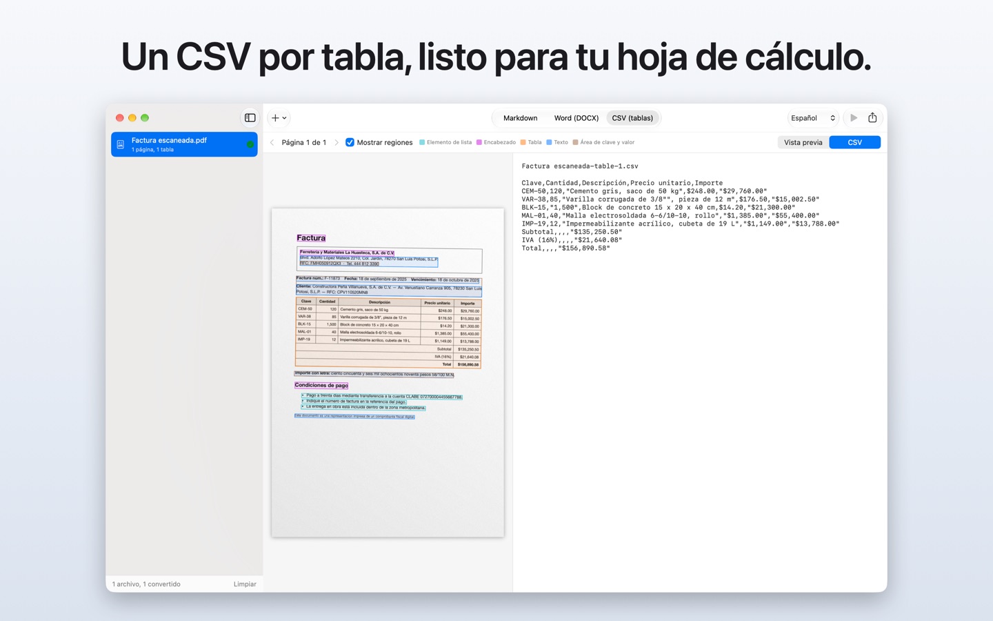 Un CSV por tabla, listo para tu hoja de cálculo: las partidas de la factura como texto CSV.