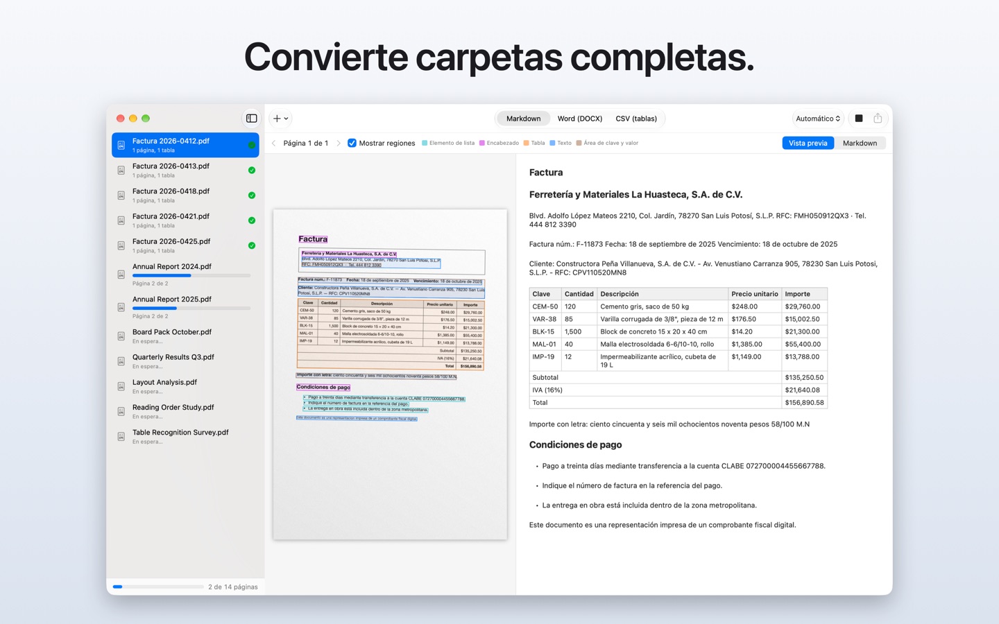 Convierte carpetas completas: una carpeta de informes y facturas en conversión, unos terminados y dos en curso.