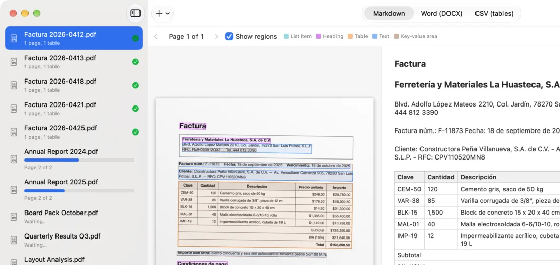 A folder of twelve invoices, reports and papers converting: five done, two in progress, the rest waiting.