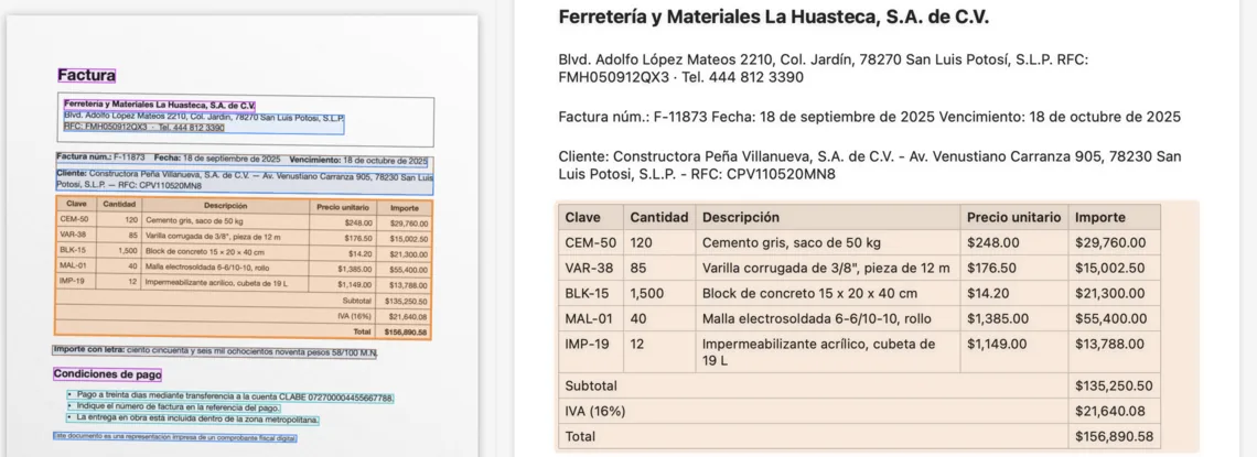 A tilted, scanned Spanish invoice next to its Word conversion: the company header, client details and the line-item table with subtotal, IVA and total.
